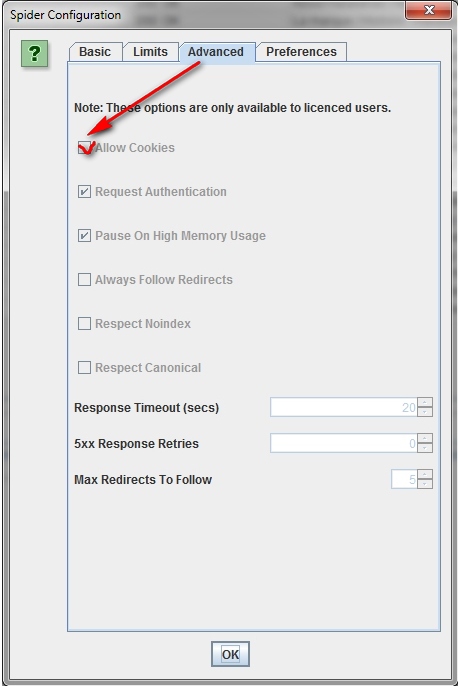 Scan the site that requires cookies